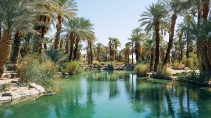 Obraz premium Tranquil oasis with palm trees and a crystal-clear spring.