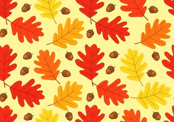 Obraz premium Vibrant seamless pattern of colorful autumn oak leaves and acorns on a light yellow background, ideal for seasonal decor