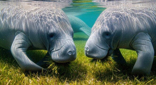 Close-up of Two Manatees Gracefully Grazing on Seagrass Underwater.