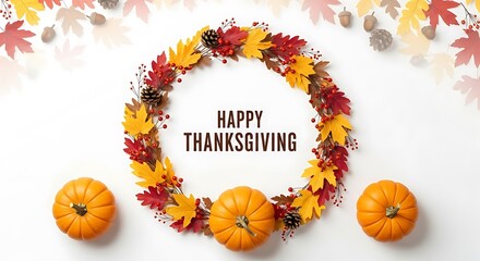 Happy thanksgiving greeting with a circular wreath of autumn leaves, pinecones, and acorns, featuring three pumpkins on a white background