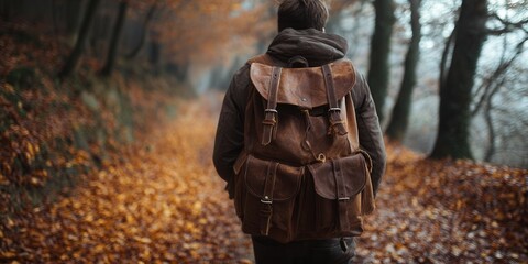 Man with leather backpack walks on autumn forest path covered in fallen leaves