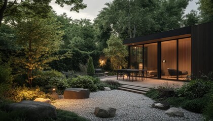 Modern Luxury Outdoor Living Space with Dark Cabin and Lush Garden at Dusk