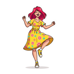 A cheerful young woman with pink hair dancing joyfully in a floral dress. Cartoon illustration concept of happiness and celebration.