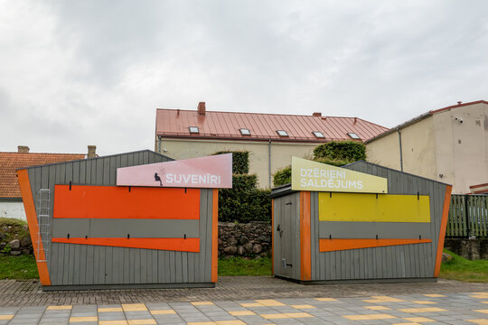 Ventspils, Latvia  Closed souvenir shopfronts on the baj of the Venta River in downtown.