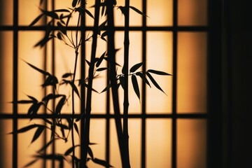 Silhouettes of bamboo against a paneled window.
