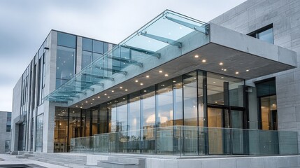 Transparent structural elements used in building design including glass beams, support panels, balustrades, and curtain walls emphasizing light, strength, and modern architectural aesthetics.