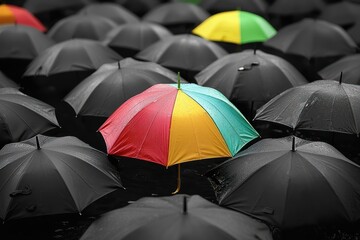 Visual metaphor of individuality with colored umbrellas surrounded by monochrome crowd