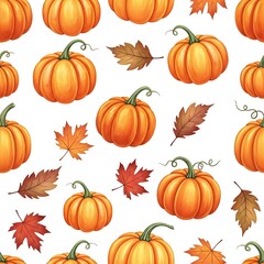 Vibrant seamless pattern featuring bright orange pumpkins and colorful autumn maple leaves, ideal for seasonal projects, isolated on white background