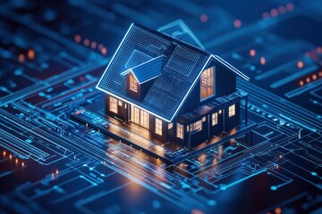 Virtual interface with buy and sell buttons for property, house floating on secure insurance platform