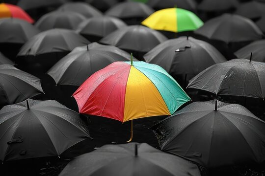 Visual metaphor of individuality with colored umbrellas surrounded by monochrome crowd