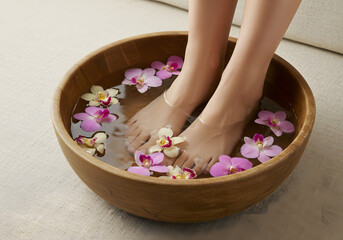 Feet in floral water bowl