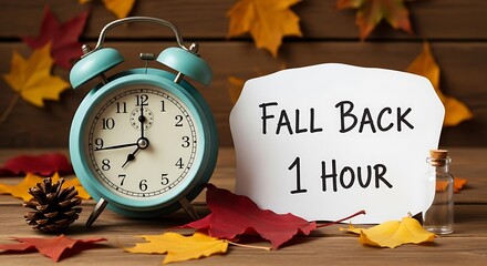 A blue alarm clock next to a handwritten note saying fall back 1 hour, surrounded by colorful autumn leaves, signaling the end of daylight saving time