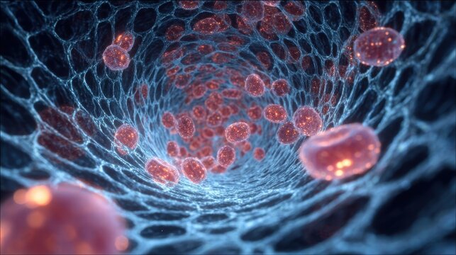 Dynamic 3D image showcasing the stepwise assembly of a glowing fibrin mesh enveloping platelet aggregates during coagulation process.