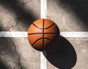 A lone basketball on a cracked concrete court with white lines, capturing the gritty essence of urban street sports.
