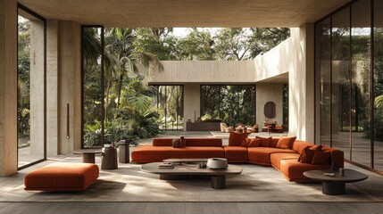 Fototapeta premium Modern, open-plan living area with terracotta furnishings
