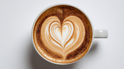 A beautifully crafted latte with heart-shaped foam art in a white ceramic cup on a plain background