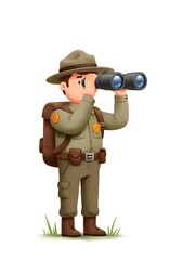 Park Ranger Cartoon Character with Binoculars on White Background