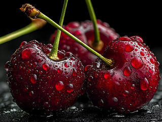 Plump red cherries sparkling with moisture, positioned elegantly on glossy dark surface, highlighting natural fruit beauty and vibrant color