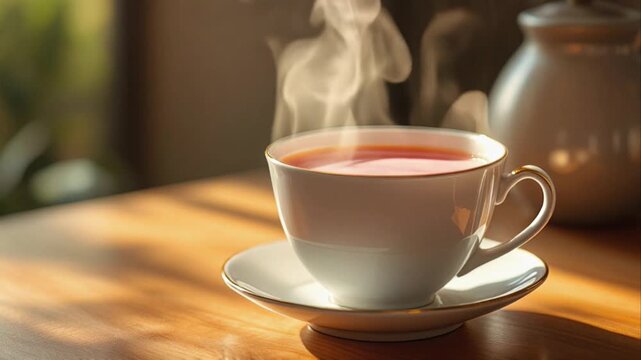 Steaming cup of tea on wooden table warm beverage serene morning concept