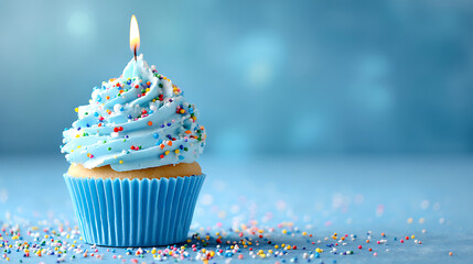 A beautifully decorated blue cupcake with sprinkles and a lit candle on a soft blue background
