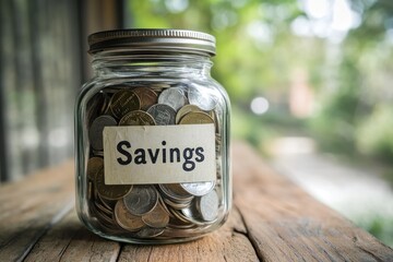 Transparent glass jar filled with coins and bills, labeled "Savings", financial planning idea