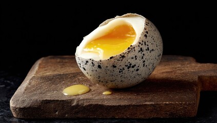 Cracked speckled egg, yolk oozing onto rustic wood