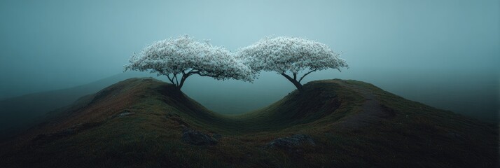 Misty hills cradle twin blossoming trees