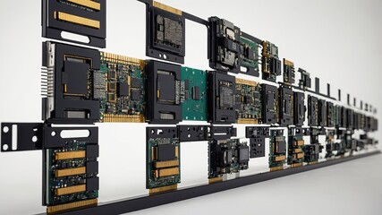 Obraz premium Innovative Computer Hardware Display Featuring Circuit Boards and Components