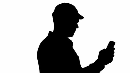 Silhouette of a man in a cap looking at his phone against a white background in a side profile view