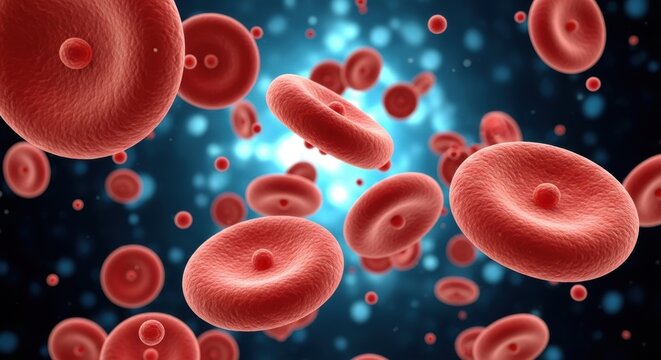 Close-up of Red Blood Cells with Luminous Blue Background. Advanced Biological and Medical Research. - Powered by Adobe