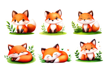 Fototapeta premium Adorable cartoon foxes in playful poses