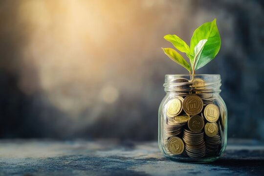 Symbolic image of personal finance, jar of coins growing a small plant, side-lit grey wall