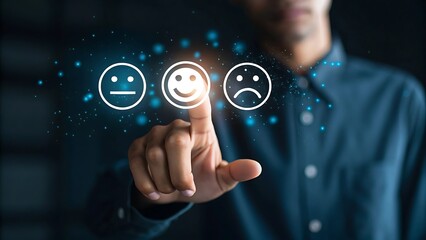 Customer Experience Survey: Man Choosing Happy Face for Positive Feedback