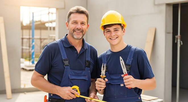 Portrait of two smiling construction workers father and son posing on building site with tools