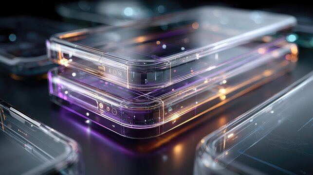 Transparent screens on futuristic mobile devices emphasizing OLED clarity, borderless visuals, interactive touch layers, and advanced display technology for high-end tech design.