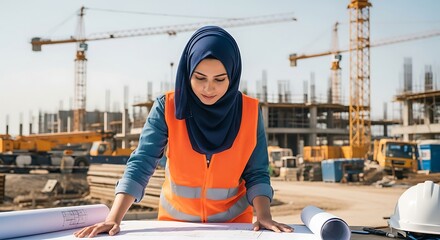 Professional Muslim woman engineer in hijab examining blueprints at construction site modern