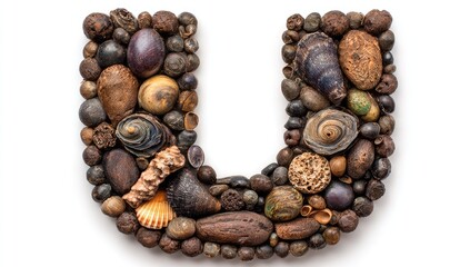Seashells and pebbles arranged in the shape of the letter U