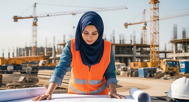 Professional Muslim woman engineer in hijab examining blueprints at construction site modern