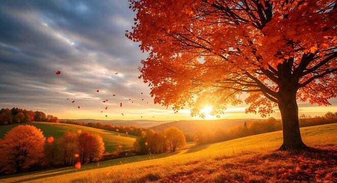 Vibrant autumn tree with falling leaves during a golden sunset, casting warm sunlight across the rolling hills and countryside landscape