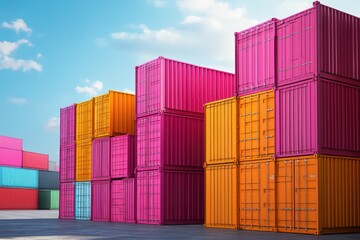 Fototapeta premium Stack of vivid red, pink, and orange cargo containers at busy port, 3D industrial rendering