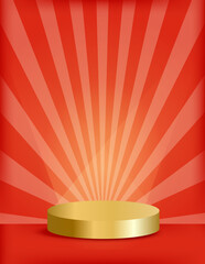 Vertical red background with glowing center and gold stage podium. Radiant retro circus vibe. Vector illustration with empty space
