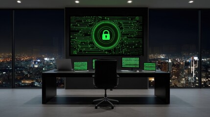 Cybersecurity strategy meeting modern office digital environment night view high-tech concept