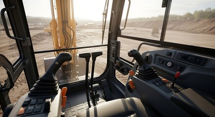 Inside the Excavator: A Detailed View of the Controls and Construction Site View