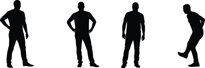 Silhouette of four men, standing poses, walking motion, casual stance, black and white, vector art, isolated design, cad drawing, flat illustration