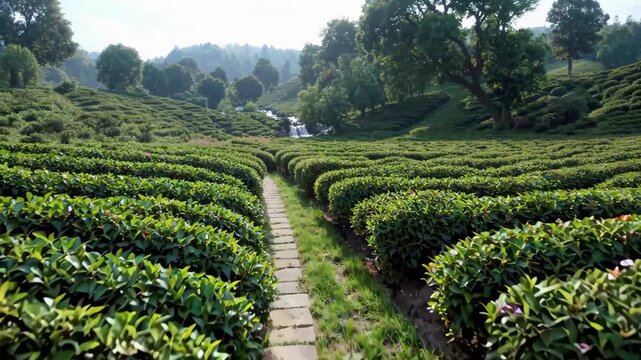 arafed view of a path through a tea plantation in the mountains