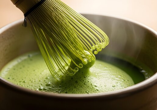 Stylized Macro of Matcha Whisk in Motion Creating Frothy Texture
