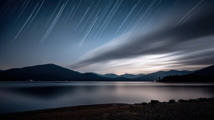 Star trails over a serene lake with mountains.