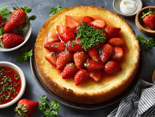 Creamy round cheesecake topped with fresh strawberries, garnished with parsley, served on dark plate with strawberry sauce and whole berries nearby