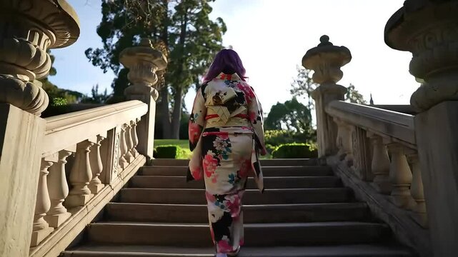 Kimono woman ascends garden stairs