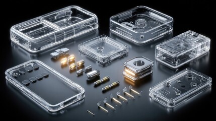 Transparent plastics used in tech products such as casings, device housings, charger bases, and gadget accessories highlighting product detail visibility and sleek engineering style.
